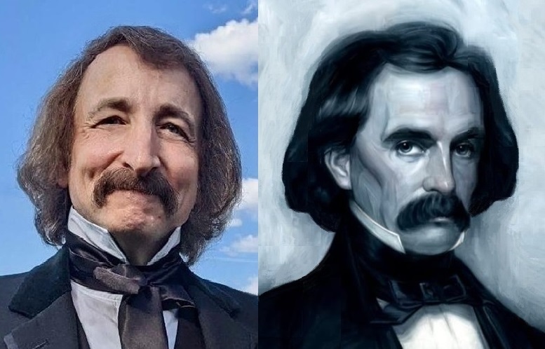 A mustached Nathaniel Hawthorne reenactor next to a greyscale painting of Nathaniel Hawthorne