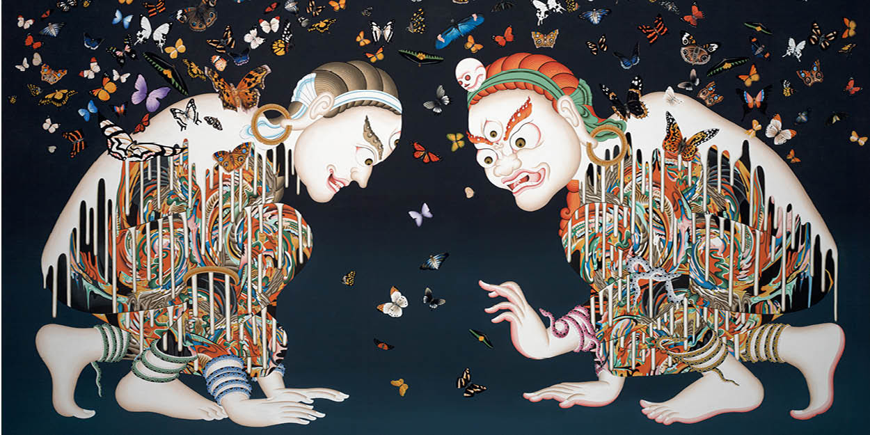 a painting of two people surrounded by butterflies.