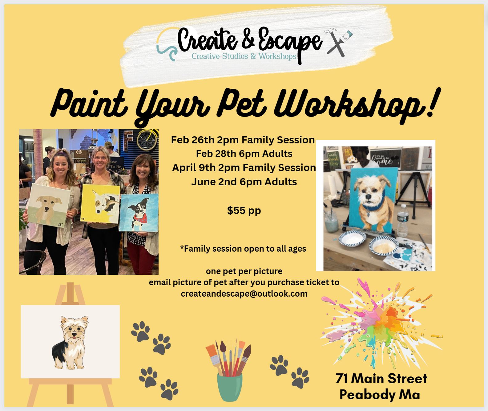 a flyer for a pet workshop with photos of dogs and their owners.