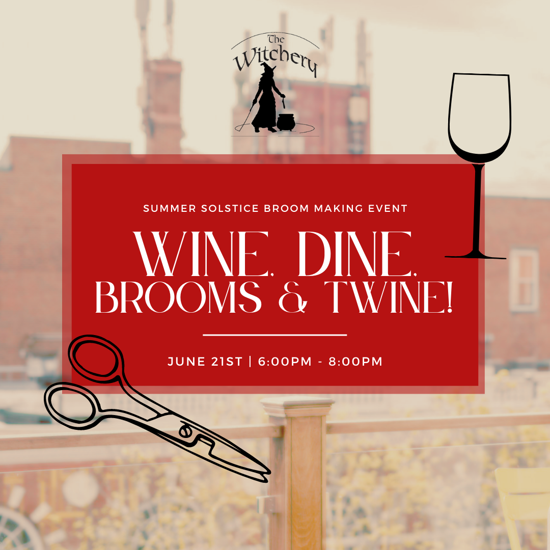 a red sign that says wine dine, brooms and wine.
