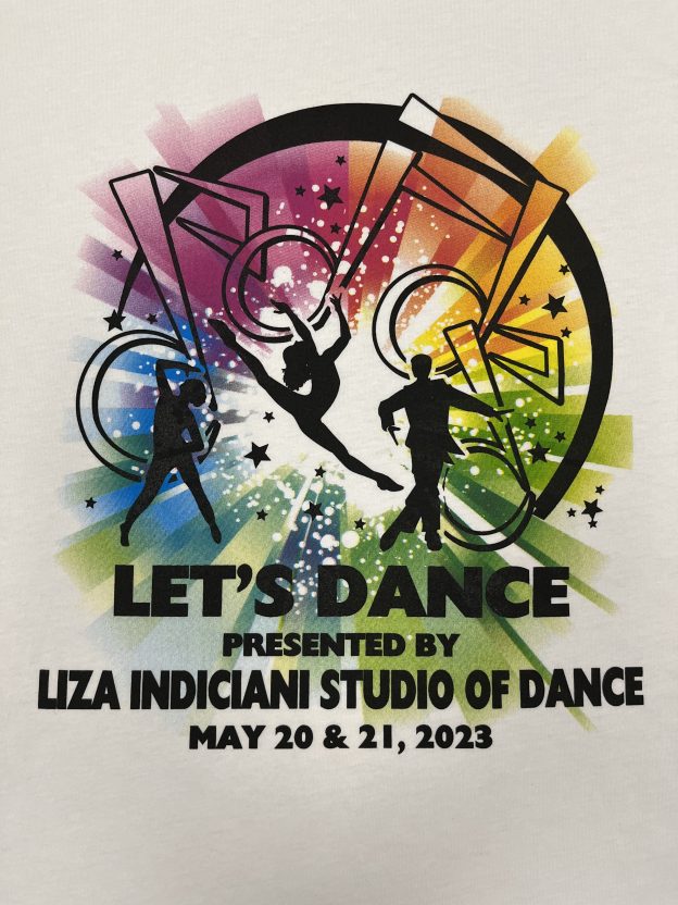 a t - shirt with the words let's dance presented by liz indian studio.