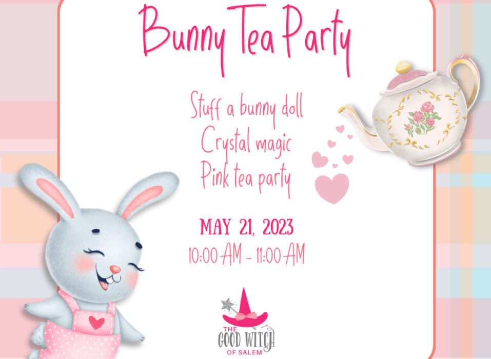 a bunny tea party flyer with a teapot and a teacup.