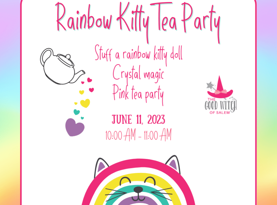 a poster for a rainbow kitty tea party.