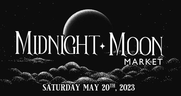 a black and white poster with the words midnight moon market.