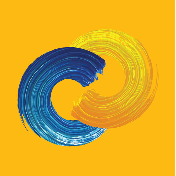 a blue and yellow wave on a yellow background.