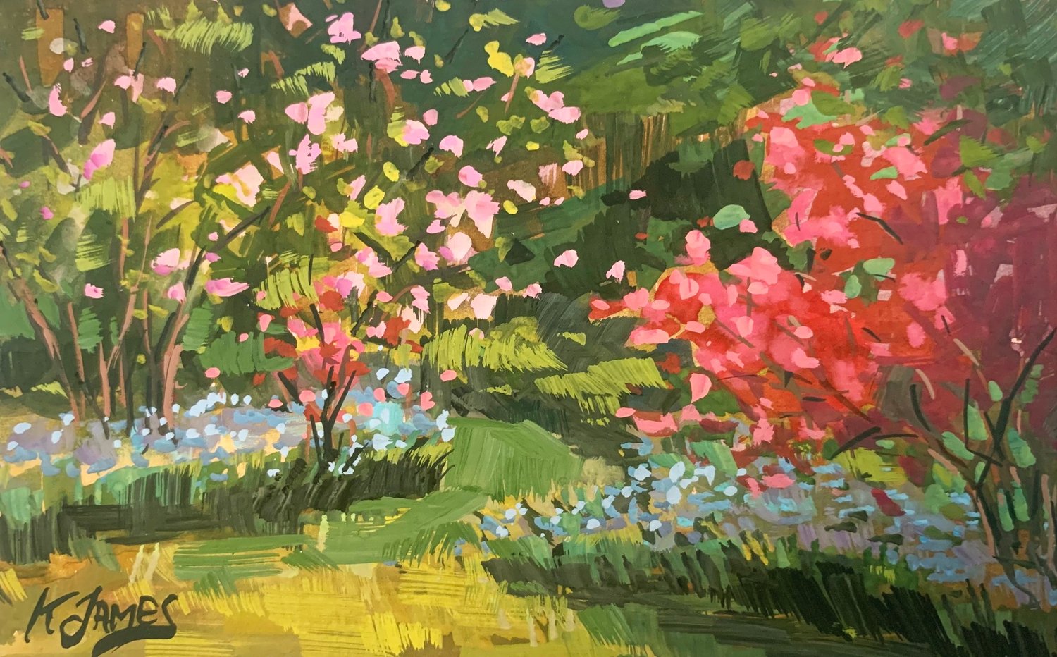 a painting of colorful flowers in a garden.