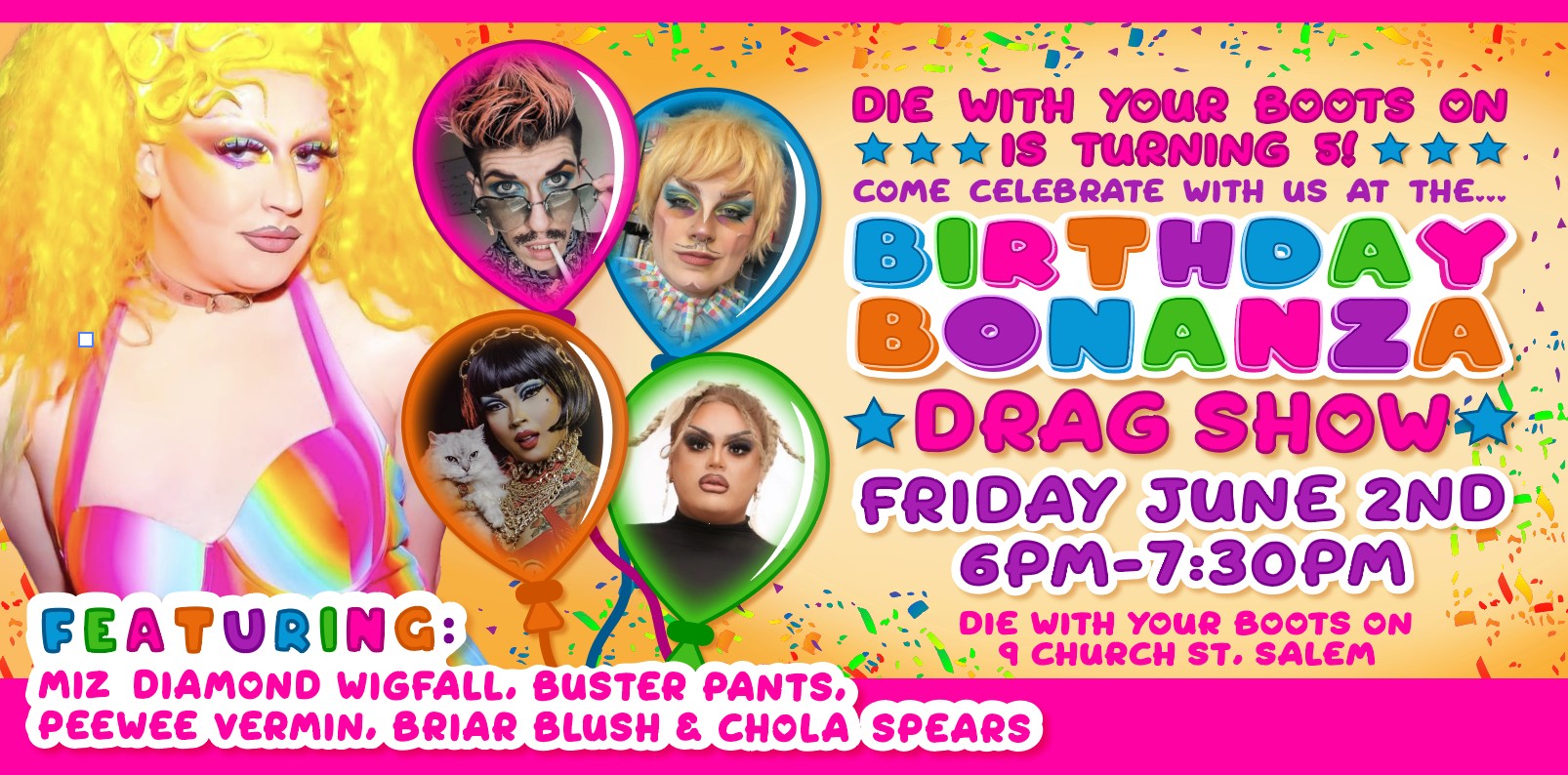 a poster for a birthday party with a drag show.