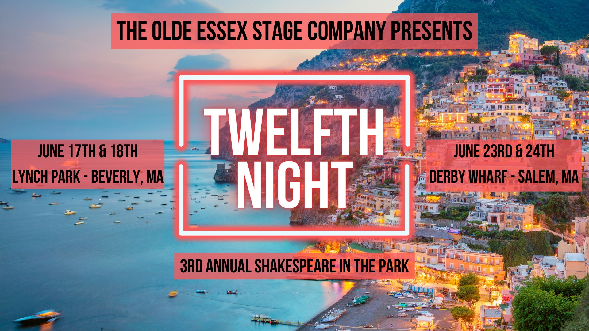 a picture of a town on a cliff with the words twelfth night on it.