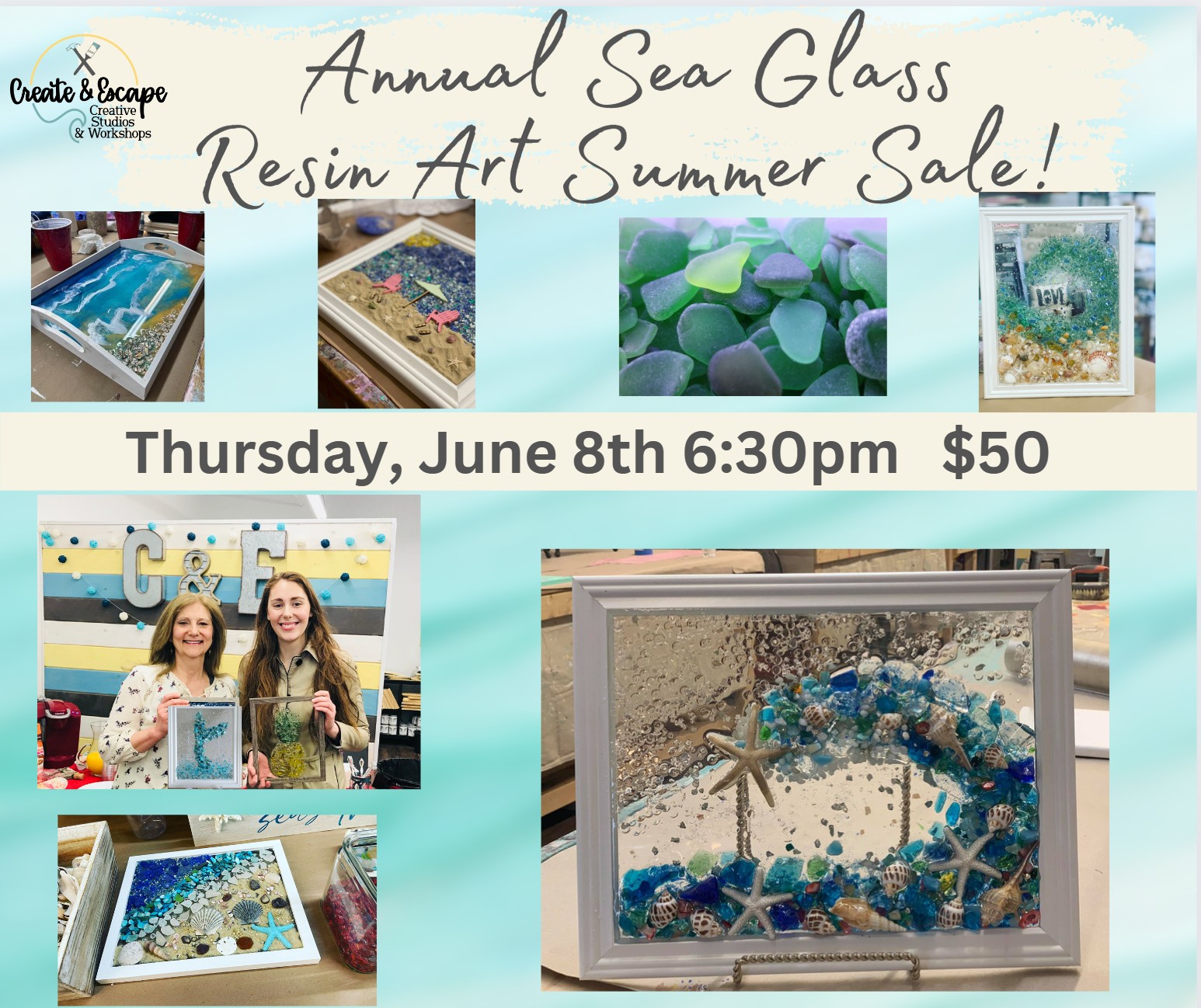 a poster for an art class with pictures of sea glass.