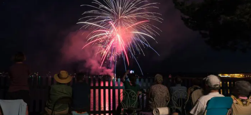 a group of people watching a fireworks display.