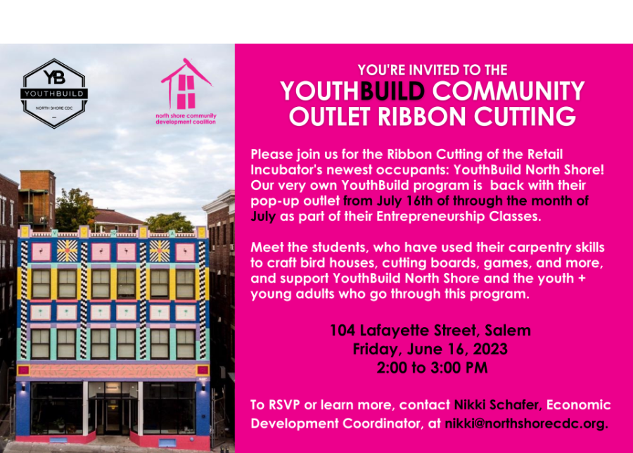 a flyer for the youth build community quilt ribbon cutting.