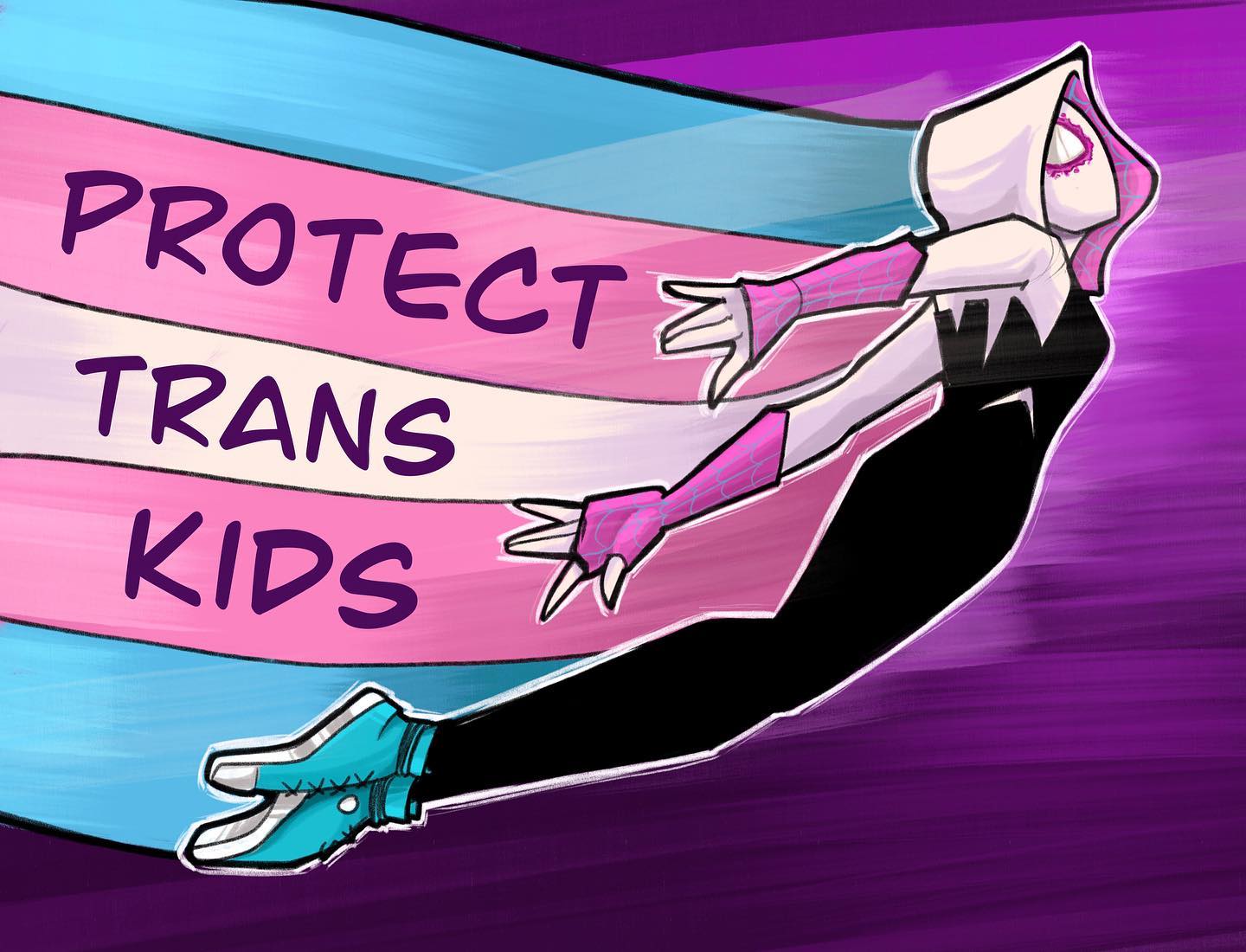 a drawing of a woman carrying a giant bag with the words protect transs kids.