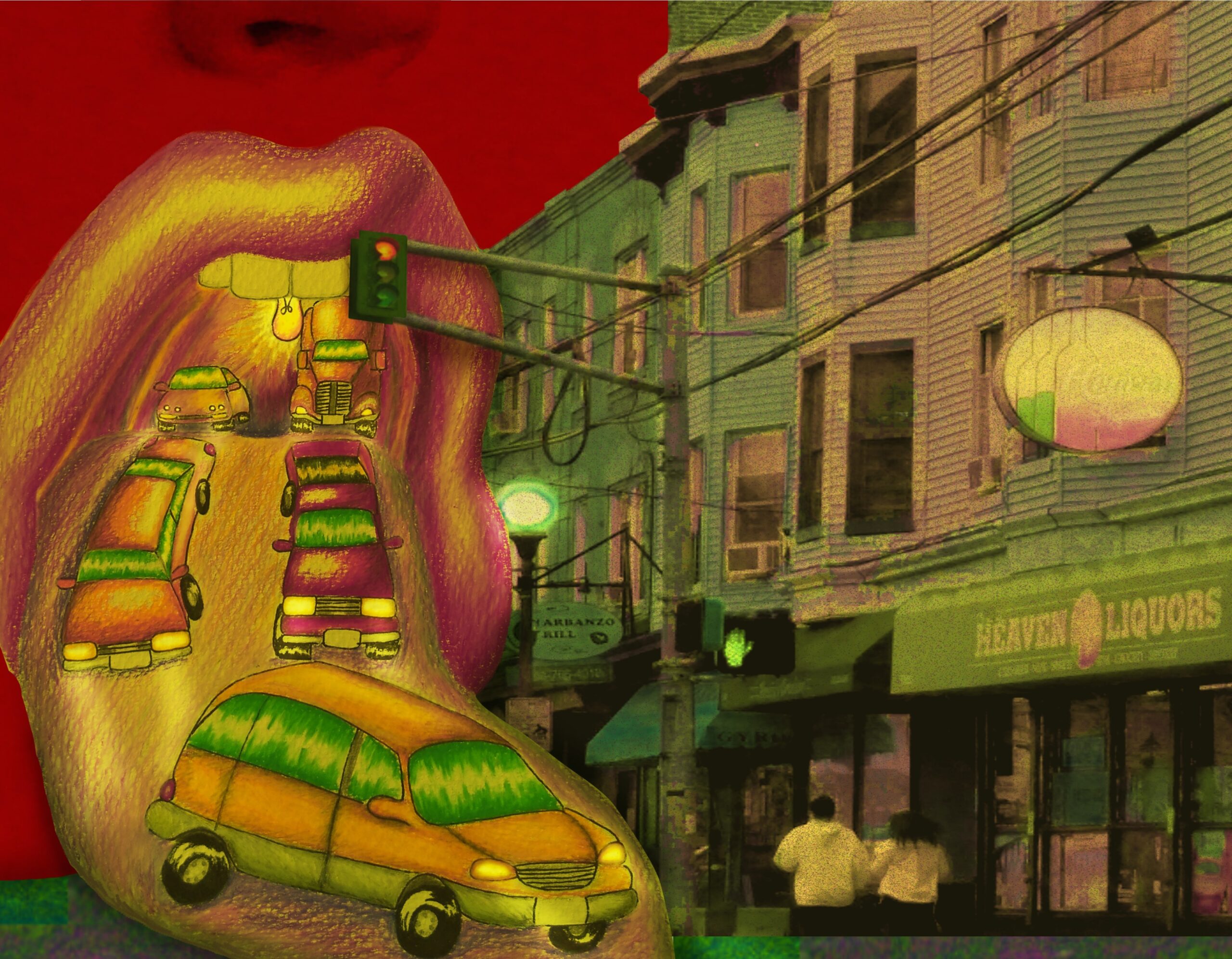 a digital painting of a city street with buildings.