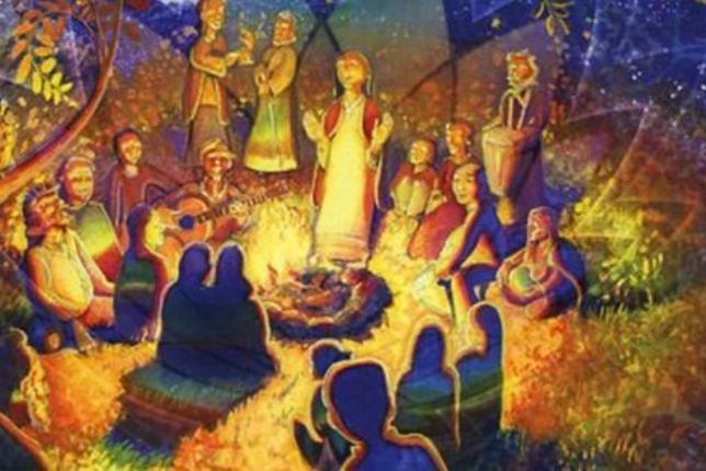 a painting of a group of people sitting around a campfire.