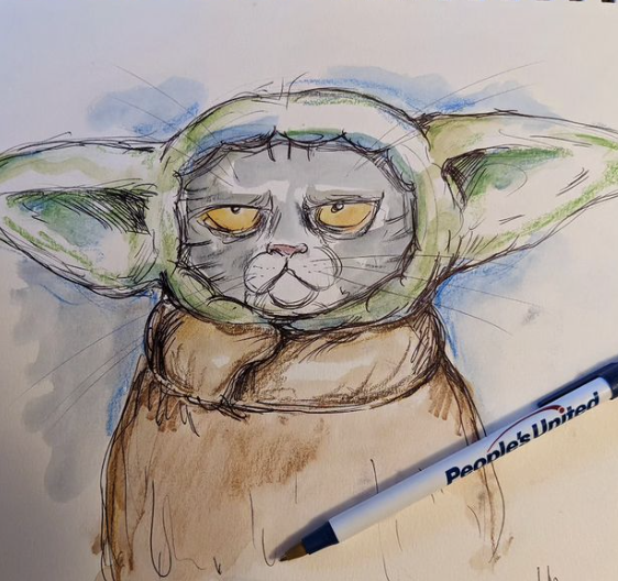 a drawing of a cat in a yoda costume.