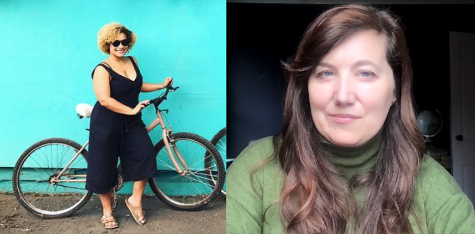 two pictures of a woman with a bicycle in front of her.
