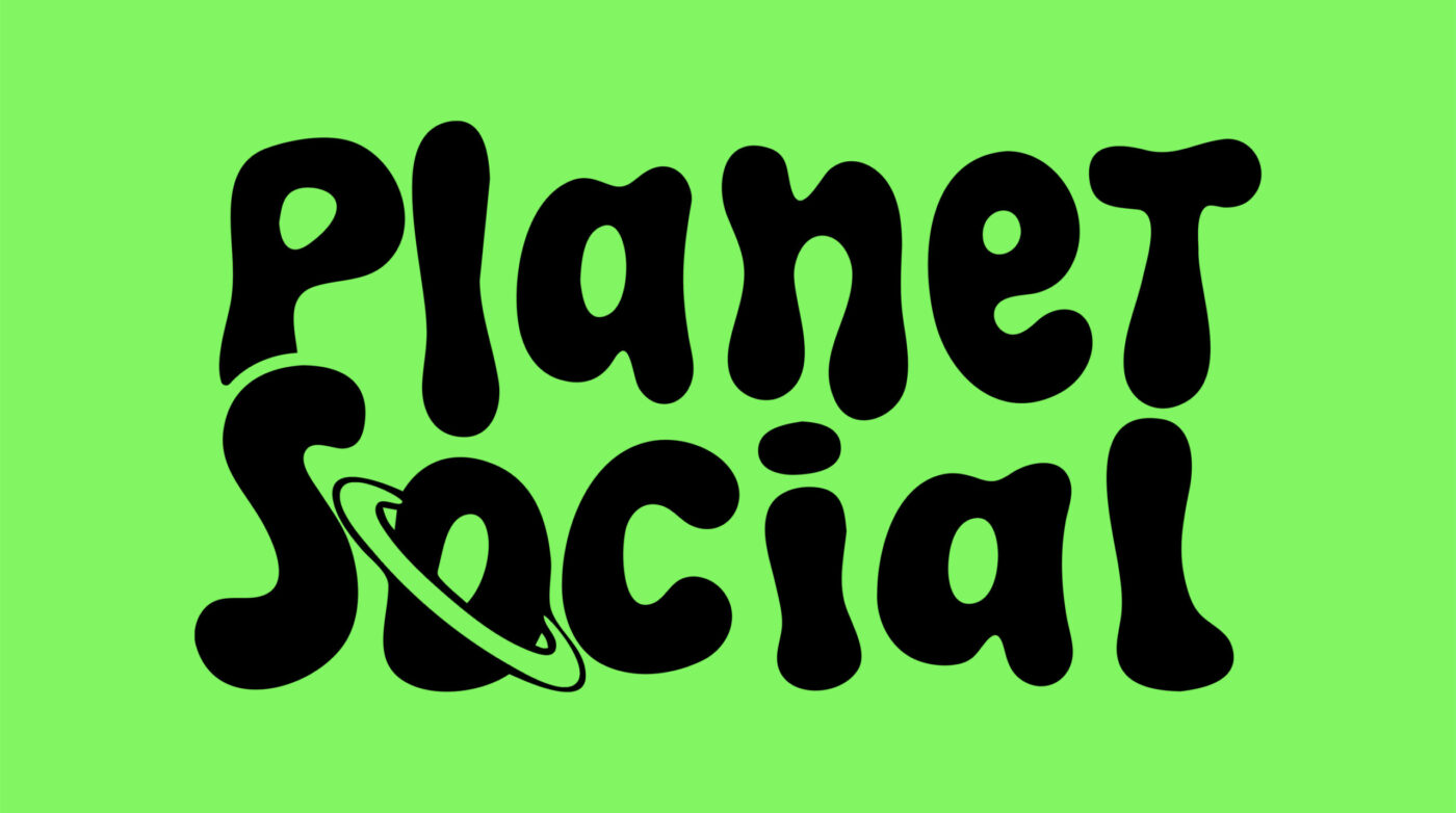Planet social logo on a green background.