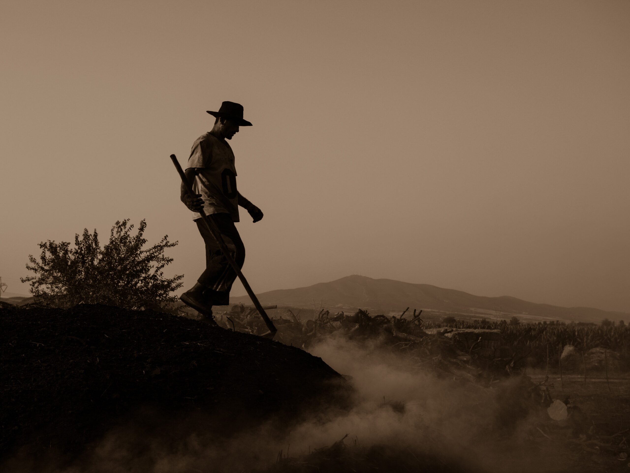 a man standing on top of a hill holding a stick.