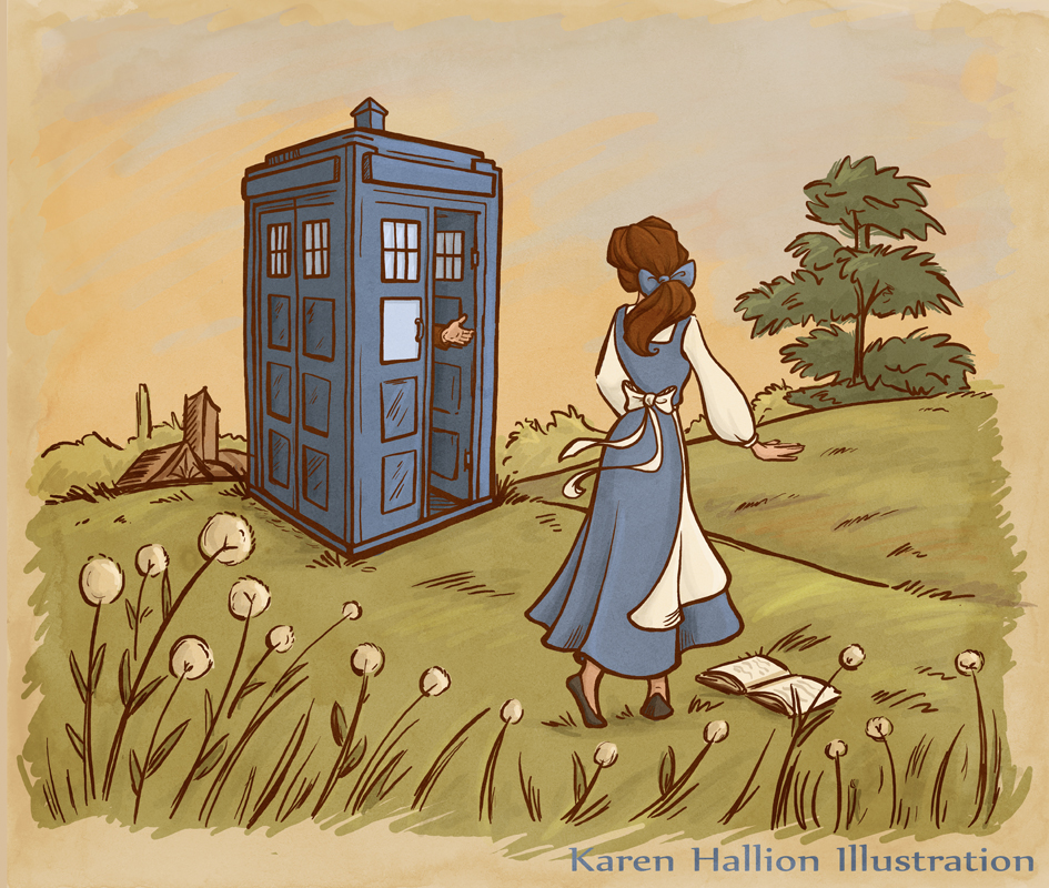 a drawing of a woman in a blue dress next to a blue phone booth.