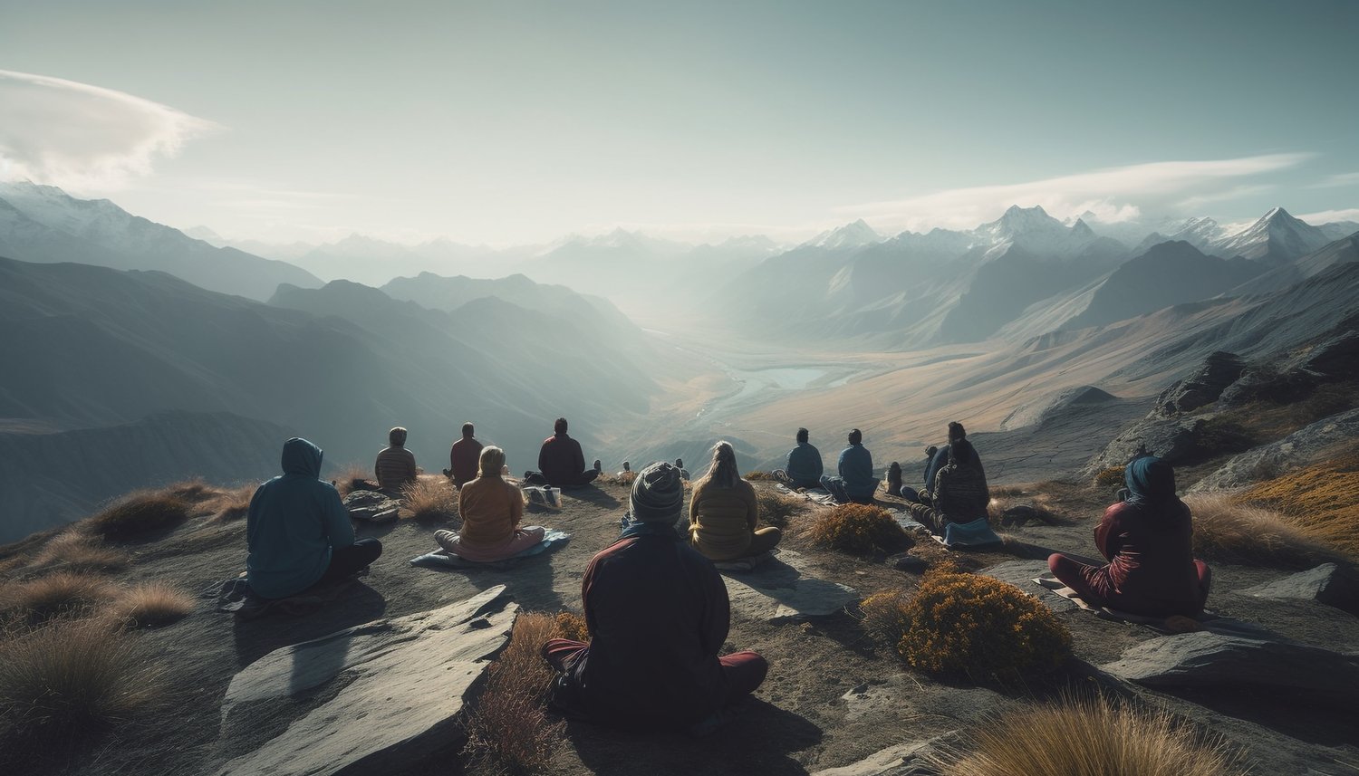 a group of people meditating on top of a mountain.