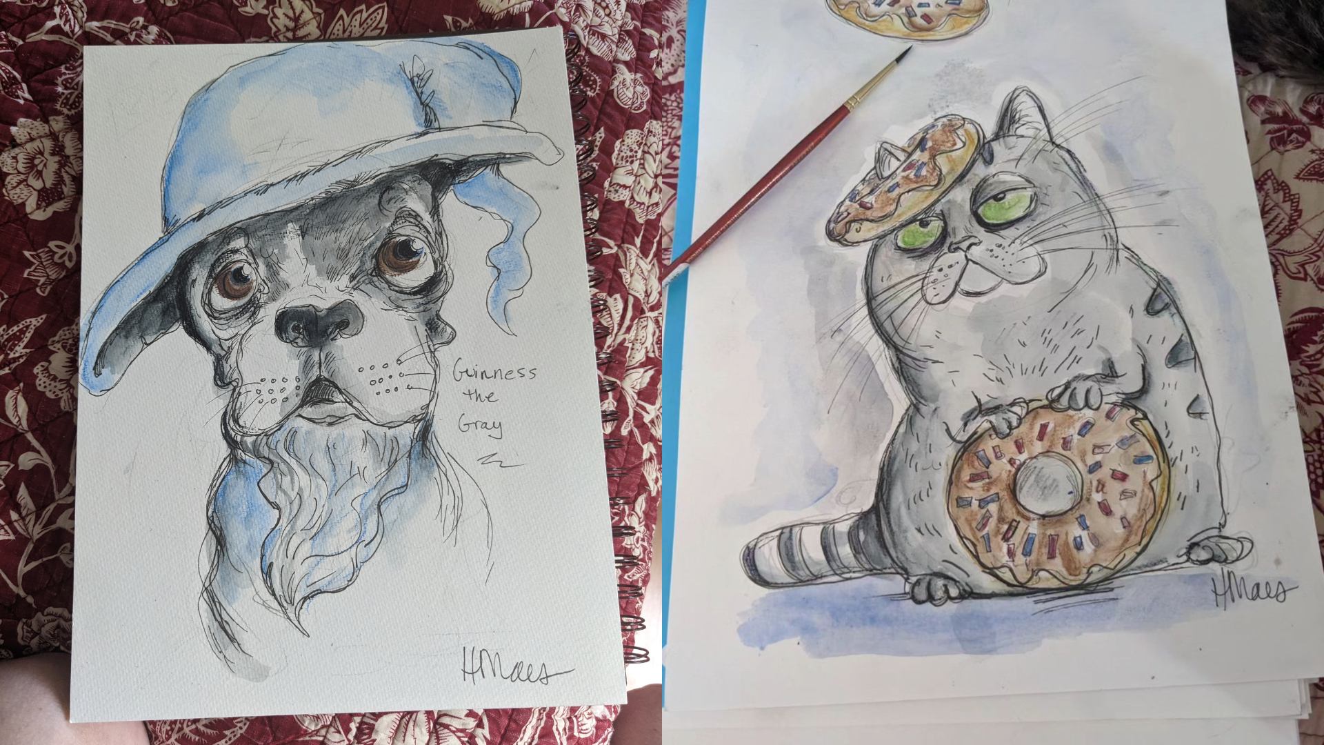 Two ribbon cutting drawings by Heather Maes featuring a cat and a dog with a donut.