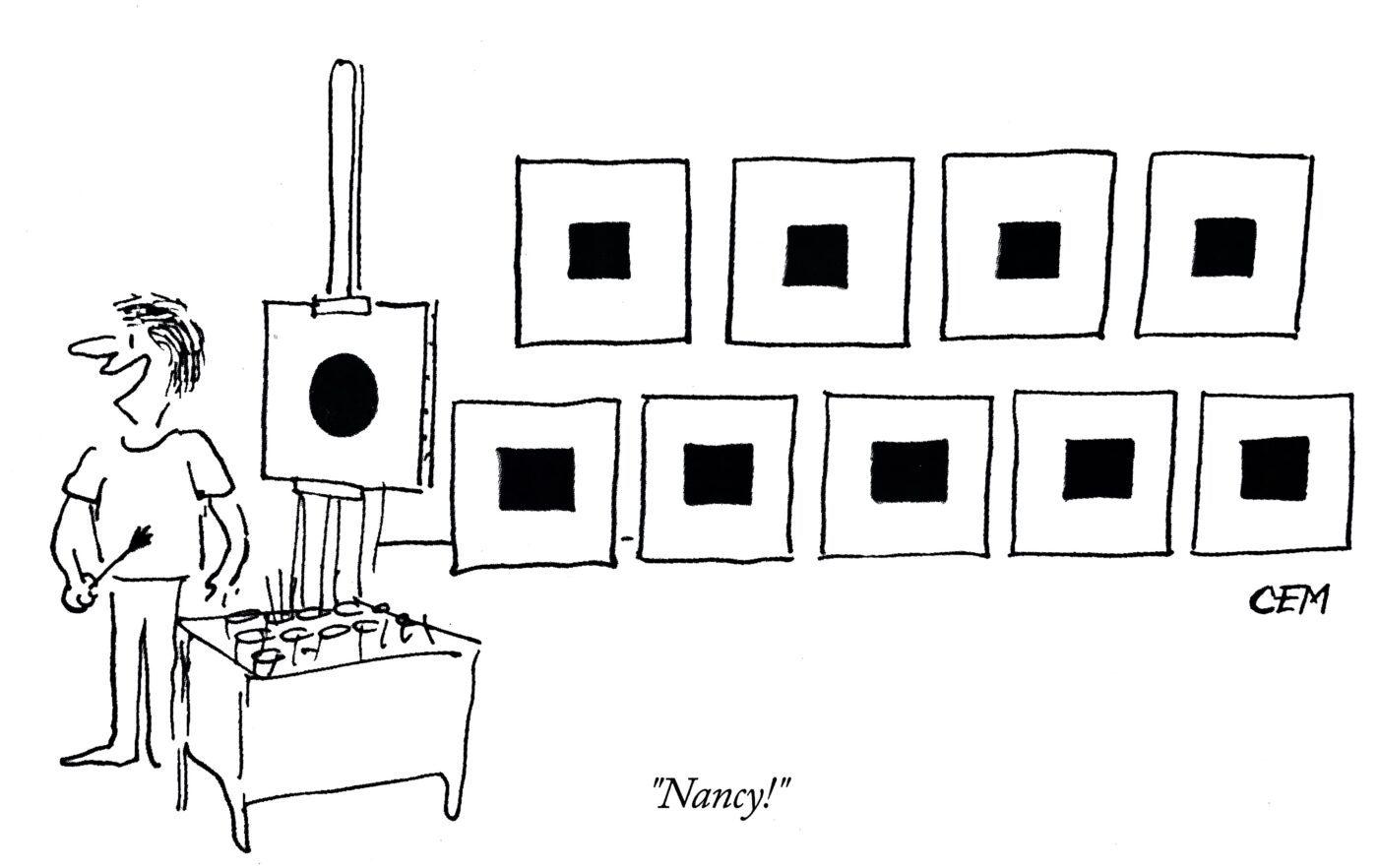A cartoon of a man standing in front of a display of pictures.
