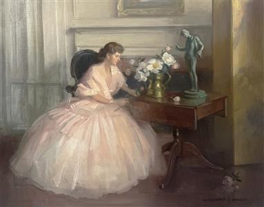A painting of a woman in a pink dress sitting at a table.