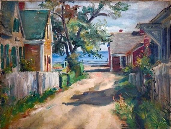 A painting of a street with houses and a fence.