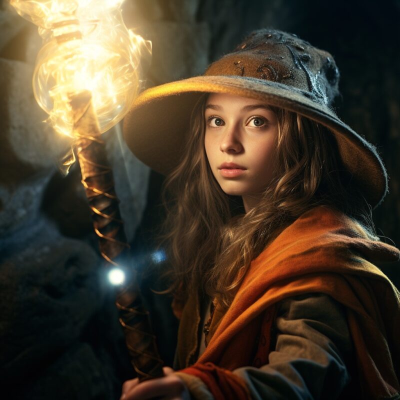 A young girl in a hat holding a wand.