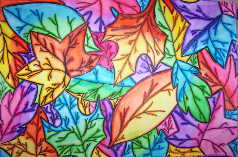 A colorful painting of autumn leaves.