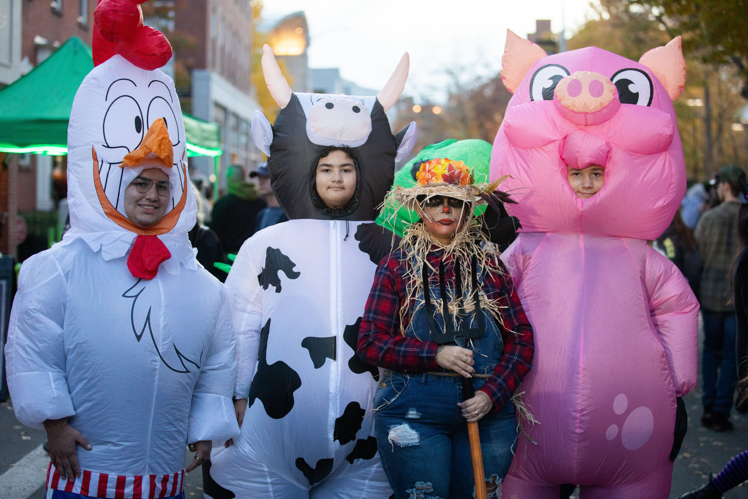 A group of people dressed as cows and pigs on a street.