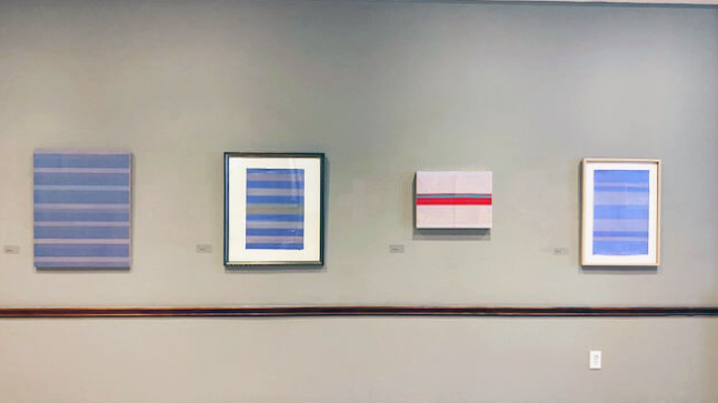 A group of paintings on a wall in an art gallery.