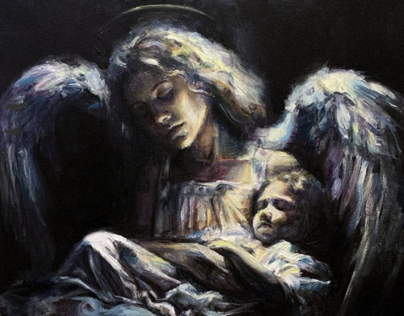 A painting of an angel holding a baby.