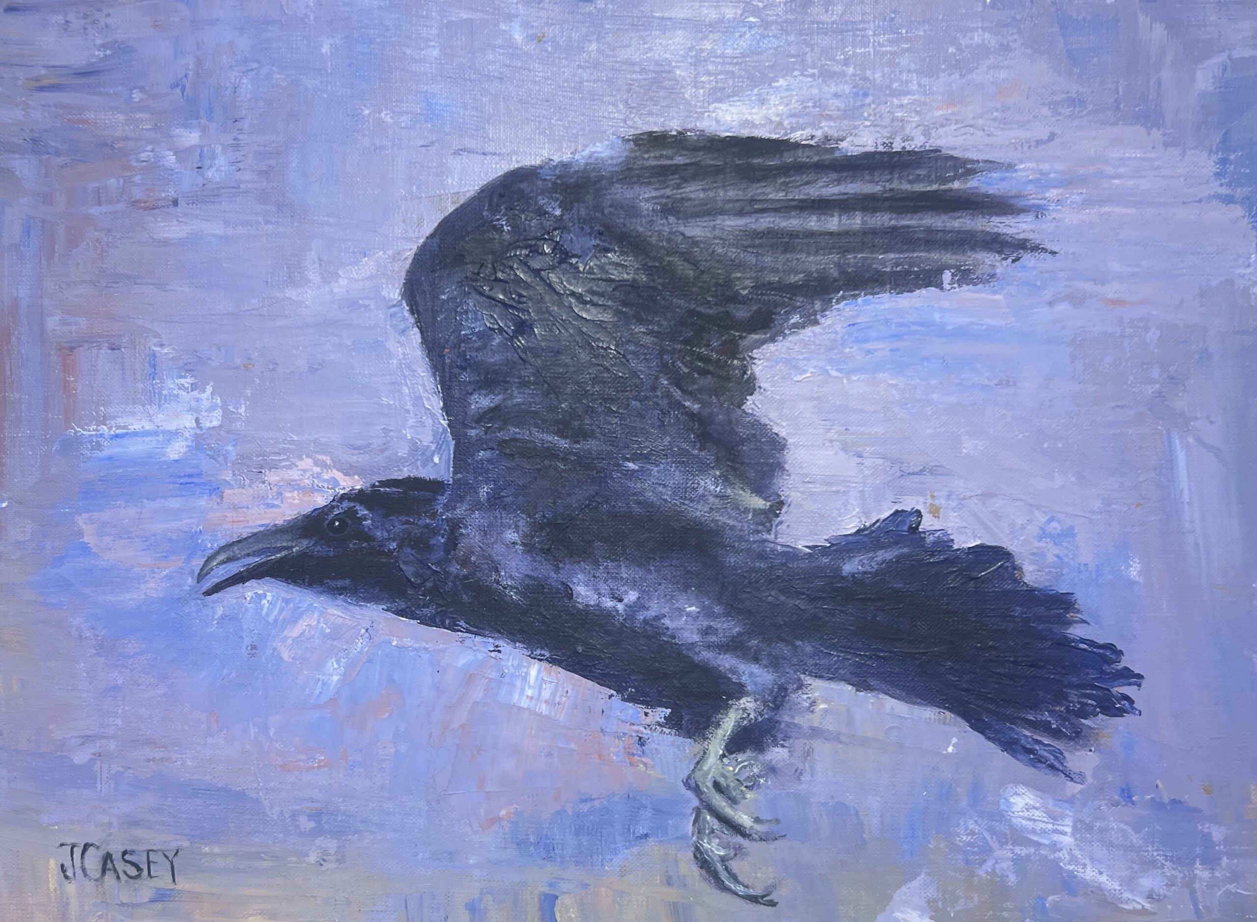 A painting of a crow flying in the sky.