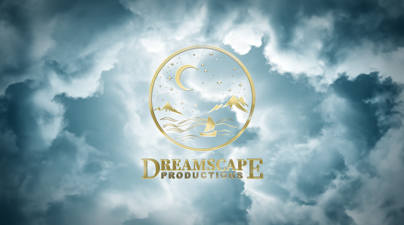 Dreamscape Productions' logo beautifully embodies its spirit with a gold circle design. It showcases a crescent moon, stars twinkling over calm mountains, and peaceful waters.