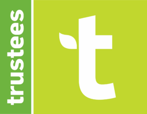 A green and white logo features the word "trustees" in simple, lowercase letters on the left. On the right, a bold white "t" with a leaf-inspired detail stands out against a vibrant green square background, symbolizing Long Hill.