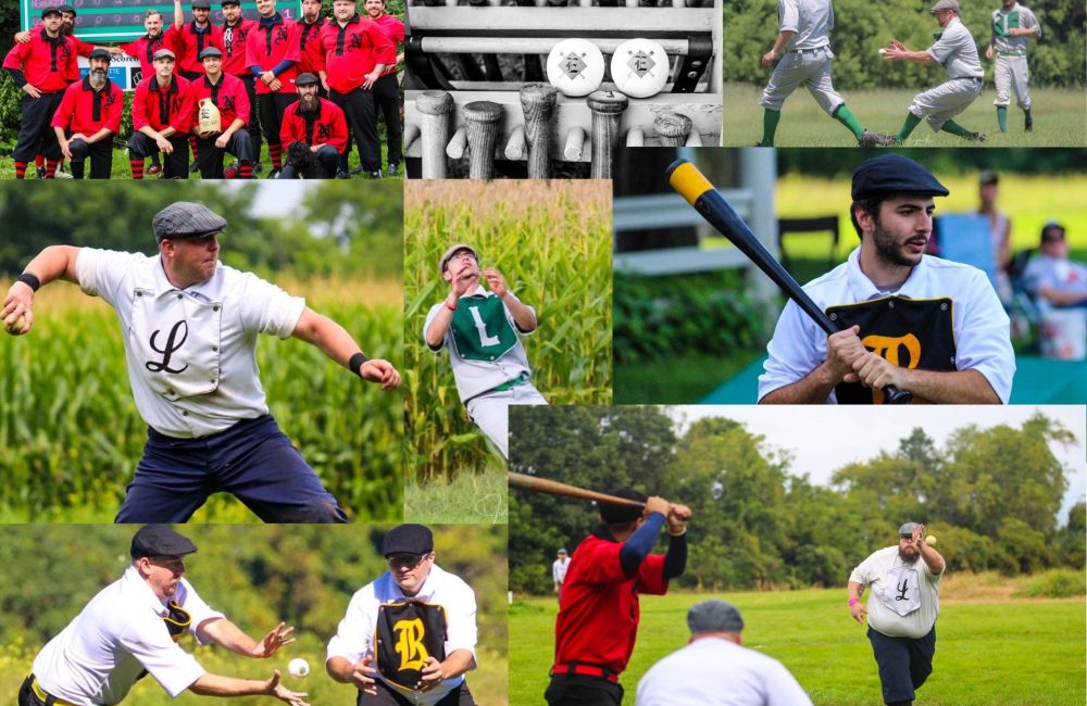 A collage of pictures of people playing baseball.