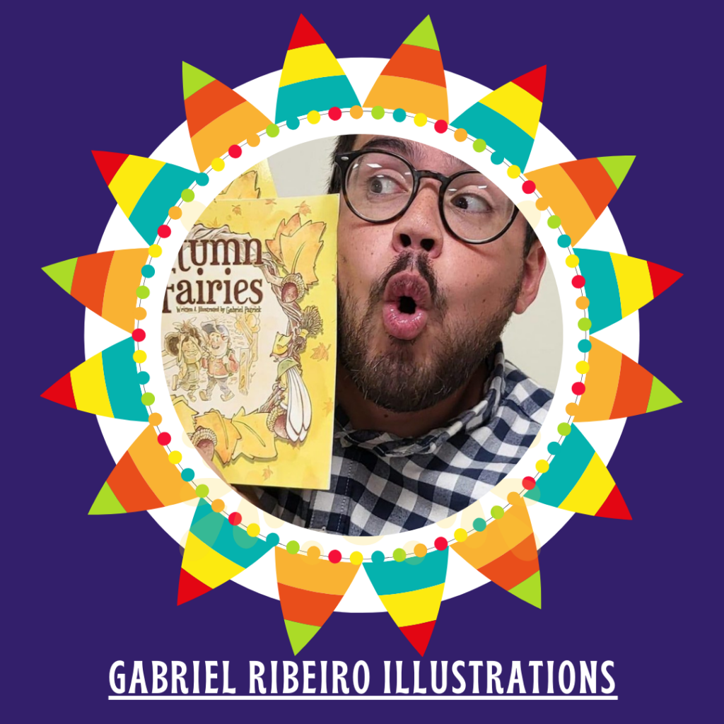 A Hispanic man holding a book with the words 'Gabriel Ribo illustrations' celebrates Hispanic Heritage Month.