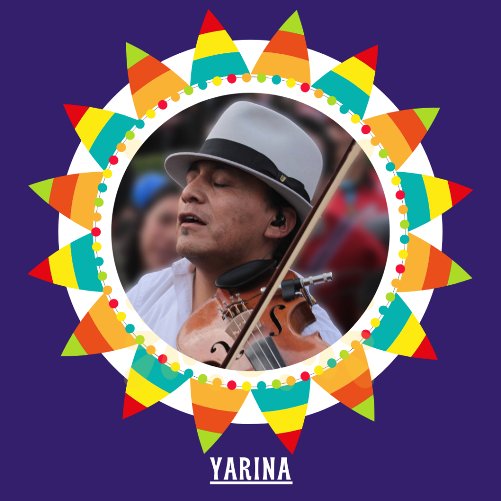 A man in a hat with a violin celebrating Hispanic Heritage Month against a colorful background.