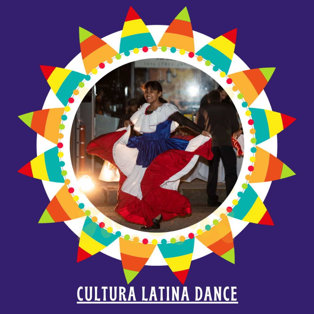 A woman in a latin dance costume celebrating Hispanic Heritage Month.