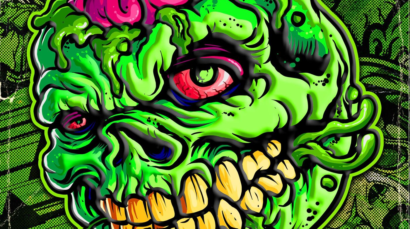 An illustration of a zombie head with a green head.