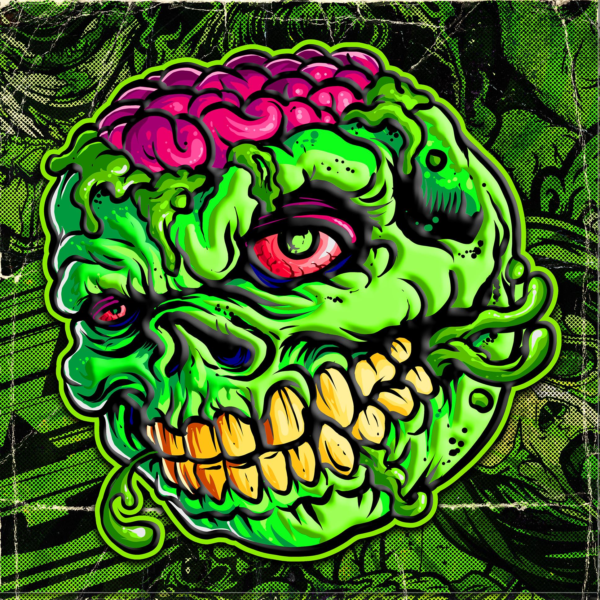 An illustration of a zombie head with a green head.