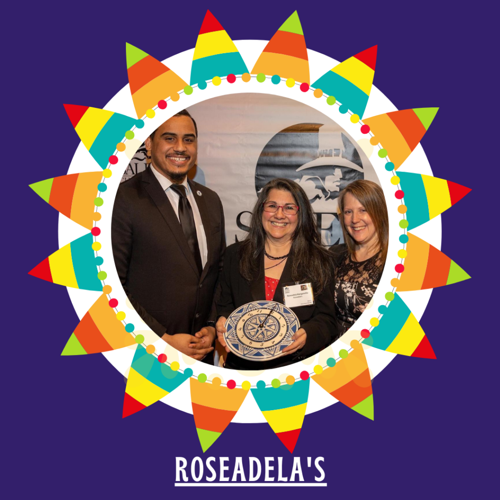 Three people commemorating Hispanic Heritage Month in front of a purple background with rosadela's logo.