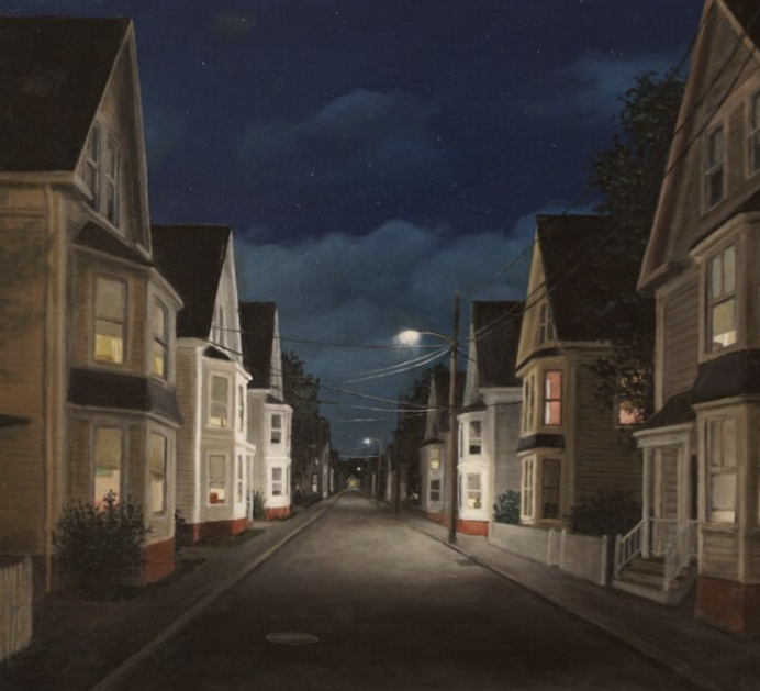 A painting of a street with houses at night.