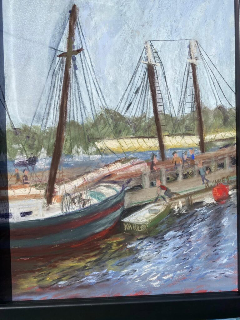 A painting capturing the tranquil scene of a boat docked in the water, perfect for Small Business Saturday art enthusiasts.