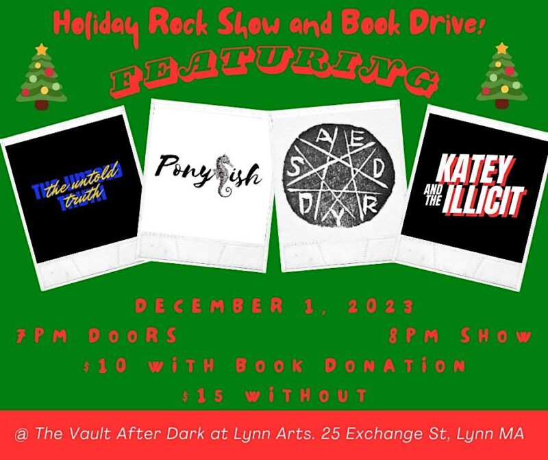 A flyer for the holiday rock slam book drive.