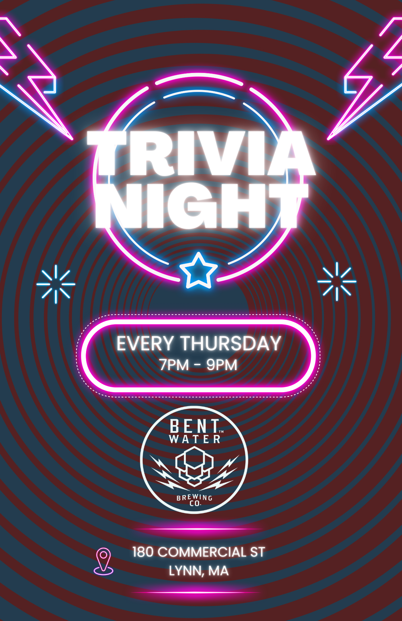 A flyer for trivia night with neon lights and lightning bolts.