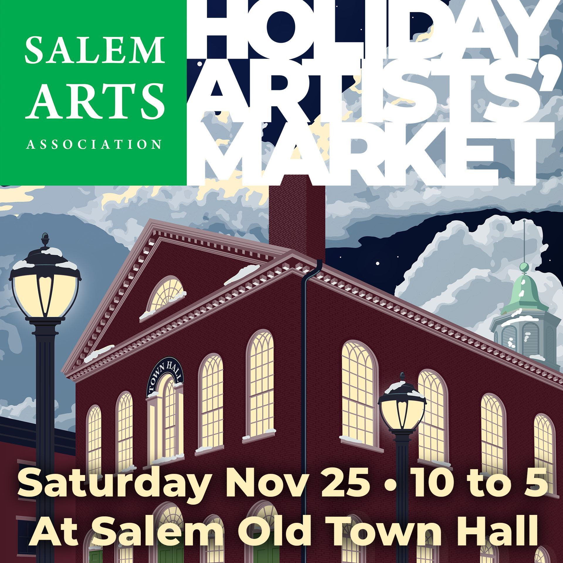 A poster for the holiday artists market in salem, massachusetts.
