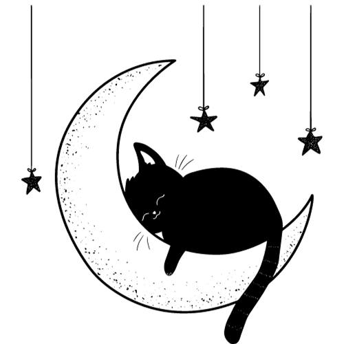 A sable feline slumbering on a lunar crescent, adorned with dangling star embellishments.