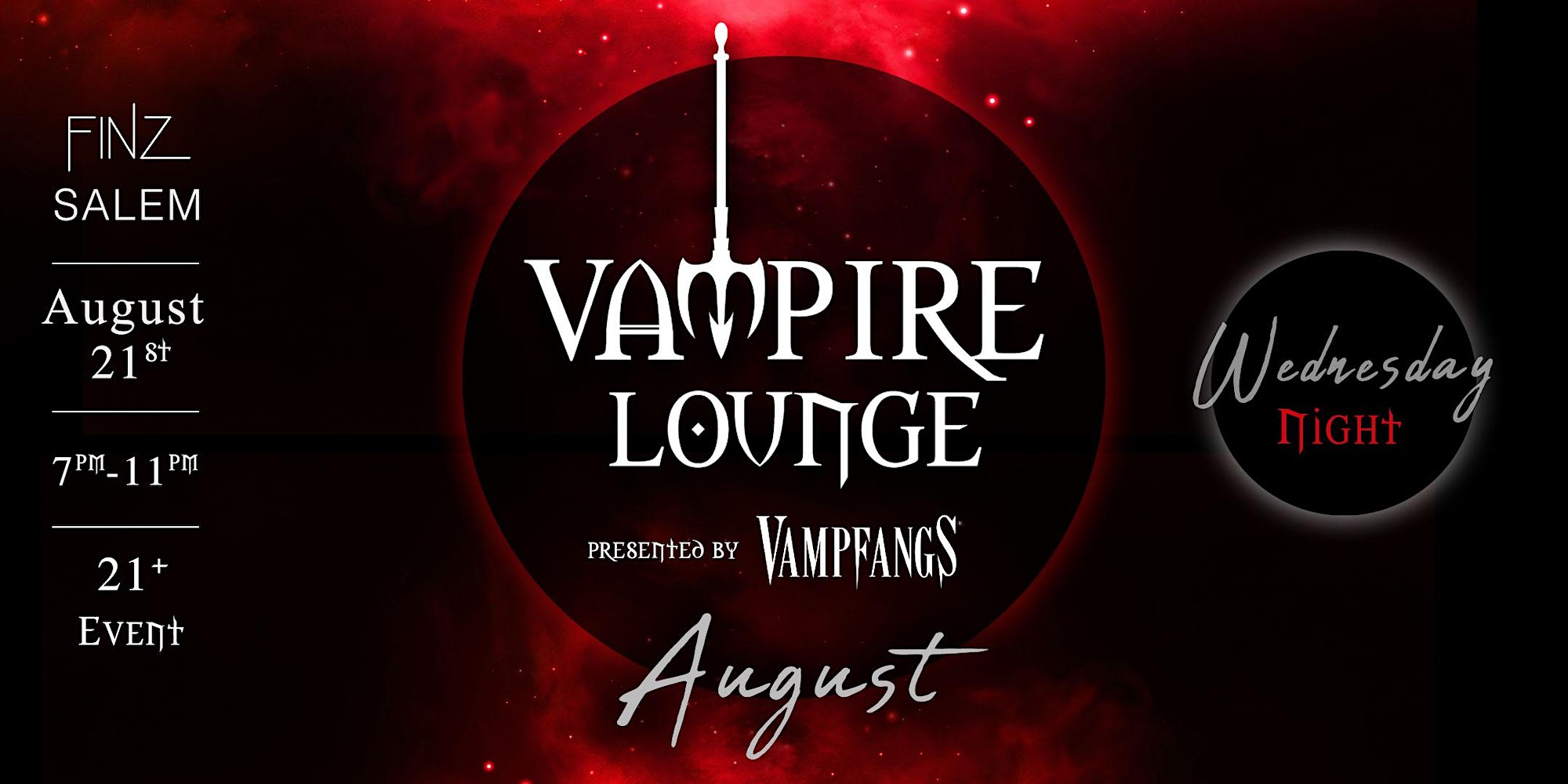 Experience the allure of our vampire lounge encapsulated in an eye-catching poster featuring a rich crimson backdrop.